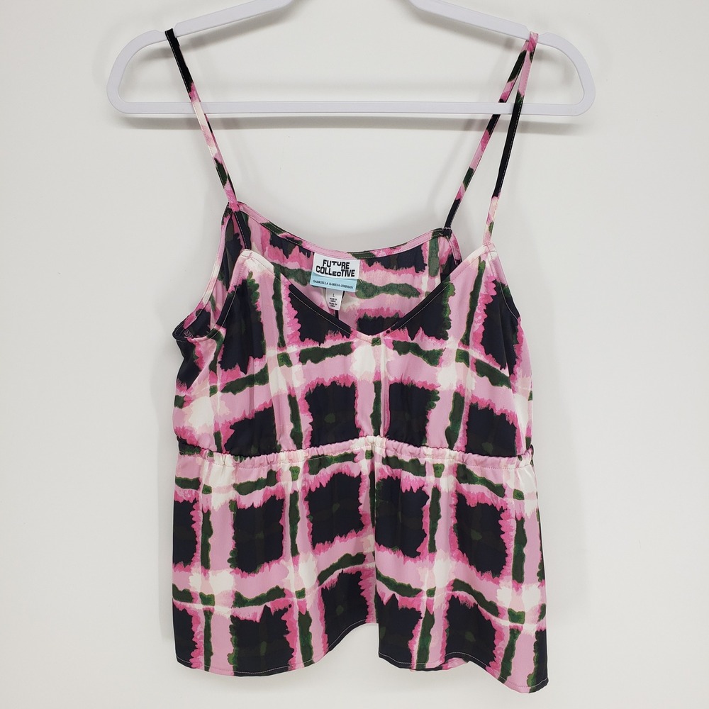 Future Collective Plaid Abstract Camisole Tank Top Women L Pink Black Tie Sides